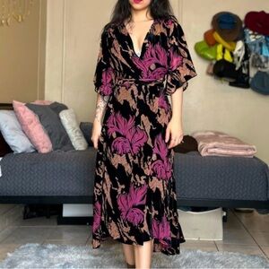 Zara Devore Velvet Wrap Black and Pink Midi Dress - No call outs EUC